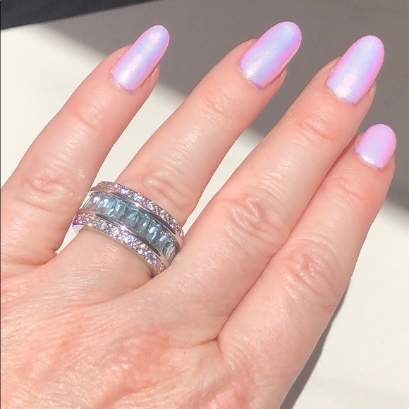 Aquamarine & Crystal Bling Band Silver Ring - Picture 5 of 8